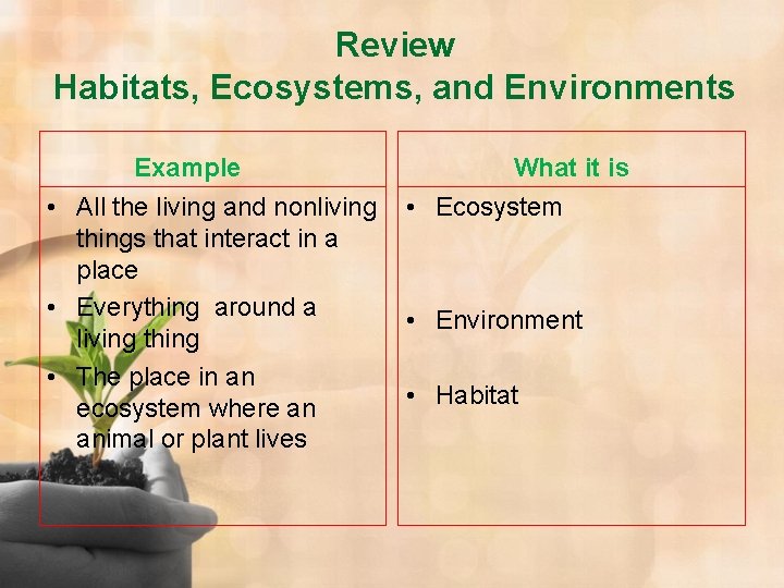 Review Habitats, Ecosystems, and Environments Example • All the living and nonliving things that