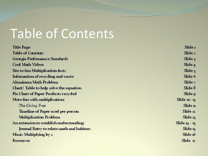 Table of Contents Title Page Table of Contents Georgia Performance Standards Cool Math Videos