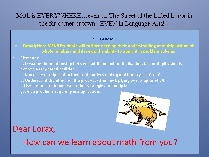 Math is EVERYWHERE…even on The Street of the Lifted Lorax in the far corner