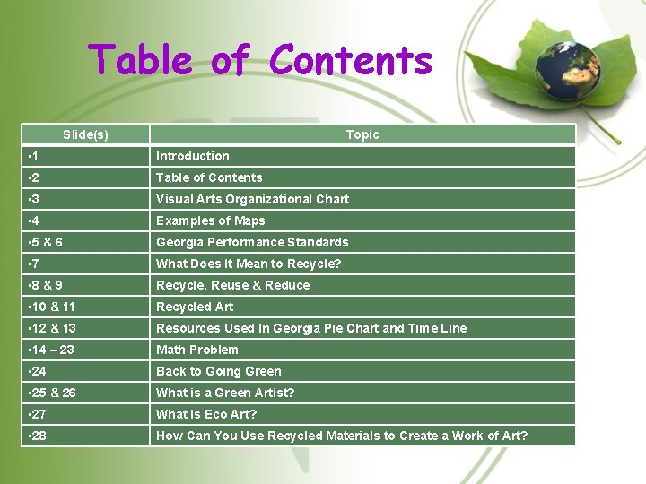 Table of Contents Slide(s) Topic • 1 Introduction • 2 Table of Contents •