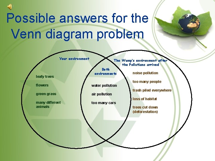 Possible answers for the Venn diagram problem Your environment leafy trees flowers green grass