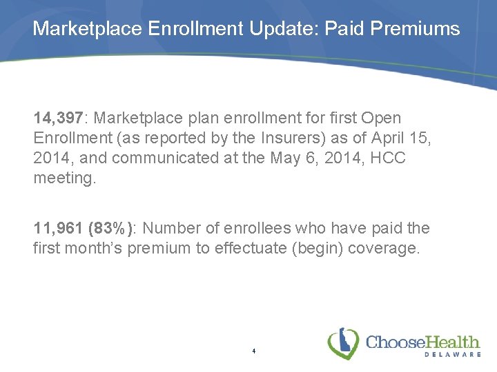 Marketplace Enrollment Update: Paid Premiums 14, 397: Marketplace plan enrollment for first Open Enrollment