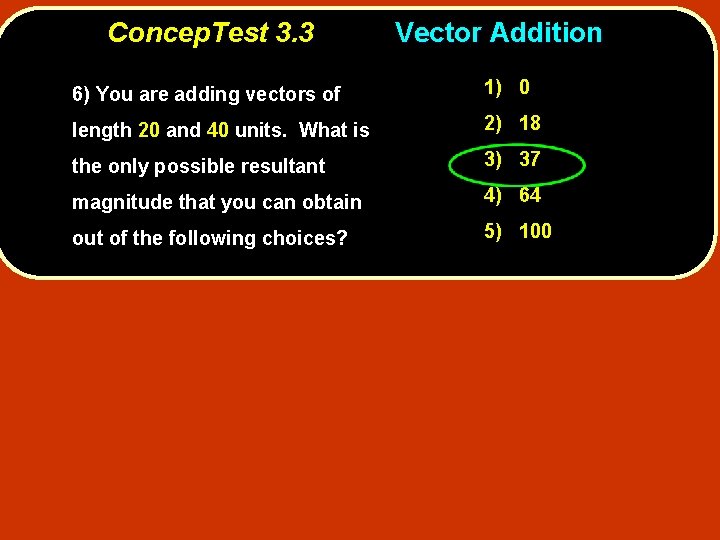 Concep. Test 3. 3 Vector Addition 6) You are adding vectors of 1) 0