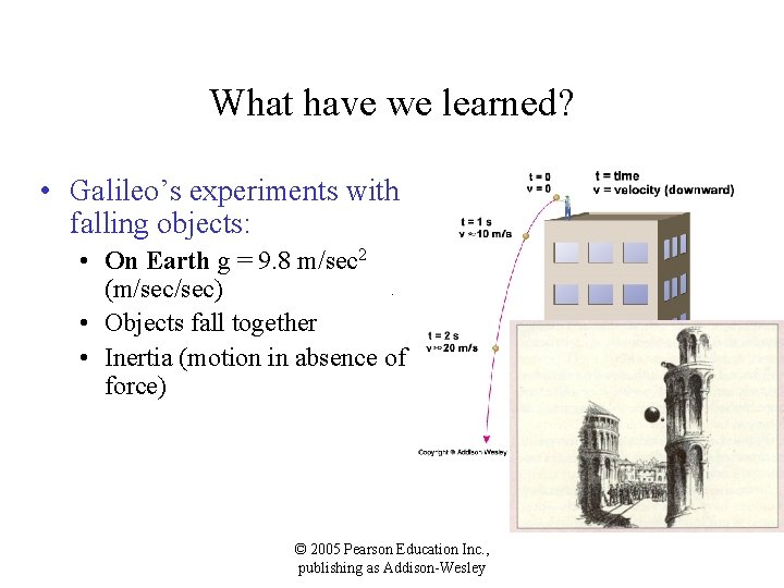 What have we learned? • Galileo’s experiments with falling objects: • On Earth g