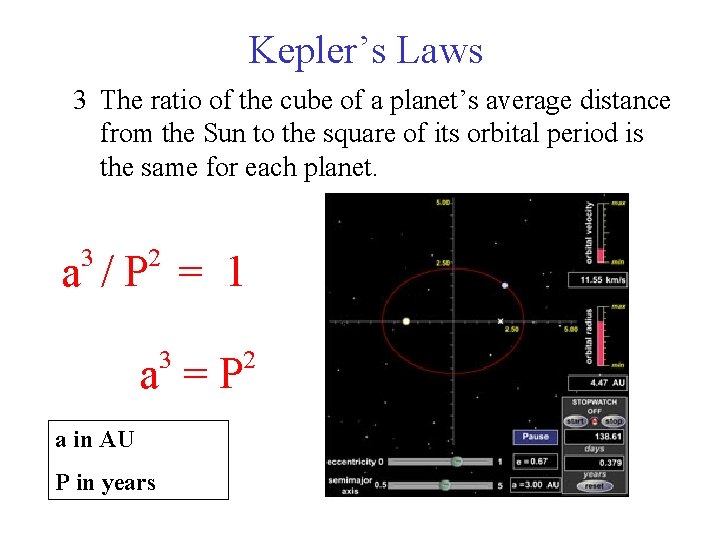 Kepler’s Laws 3 The ratio of the cube of a planet’s average distance from
