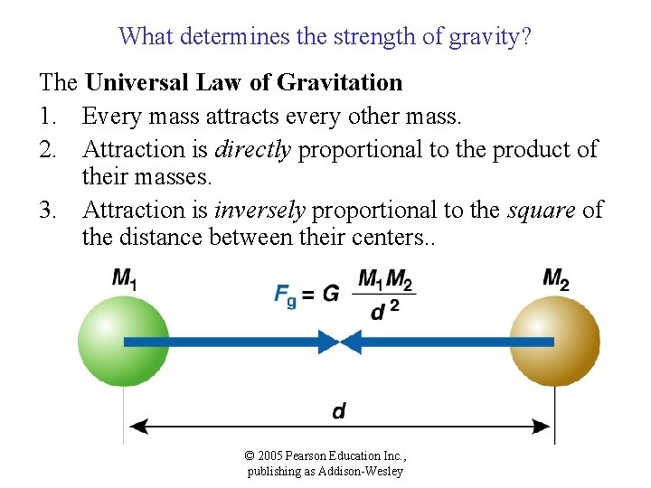 What determines the strength of gravity? The Universal Law of Gravitation 1. Every mass