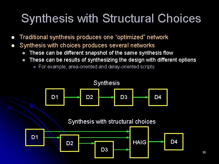 Synthesis with Structural Choices l l Traditional synthesis produces one “optimized” network Synthesis with Synthesis with Structural Choices l l Traditional synthesis produces one “optimized” network Synthesis with