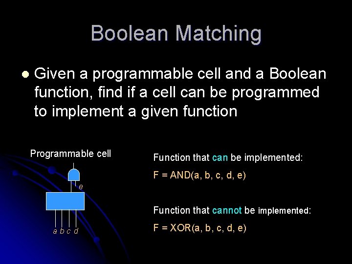 Boolean Matching l Given a programmable cell and a Boolean function, find if a Boolean Matching l Given a programmable cell and a Boolean function, find if a