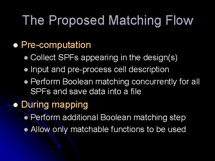 The Proposed Matching Flow l Pre-computation Collect SPFs appearing in the design(s) l Input The Proposed Matching Flow l Pre-computation Collect SPFs appearing in the design(s) l Input