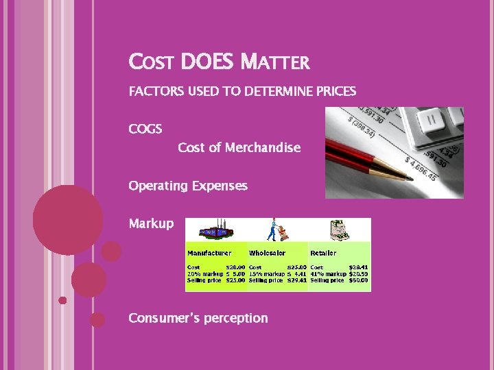 COST DOES MATTER FACTORS USED TO DETERMINE PRICES COGS Cost of Merchandise Operating Expenses