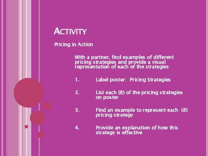 ACTIVITY Pricing in Action With a partner, find examples of different pricing strategies and