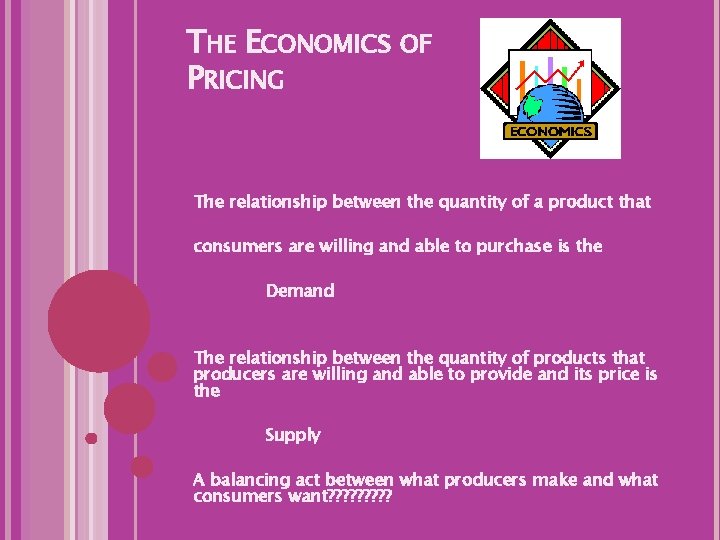 THE ECONOMICS OF PRICING The relationship between the quantity of a product that consumers