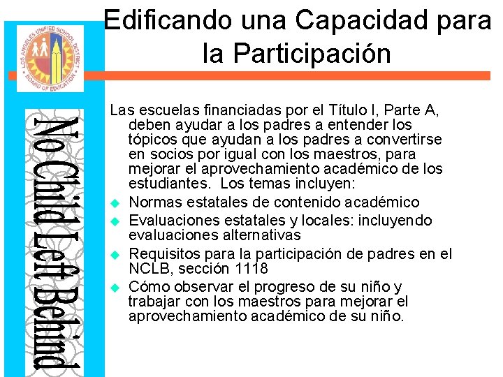 Edificando una Capacidad para la Participación Las escuelas financiadas por el Título I, Parte