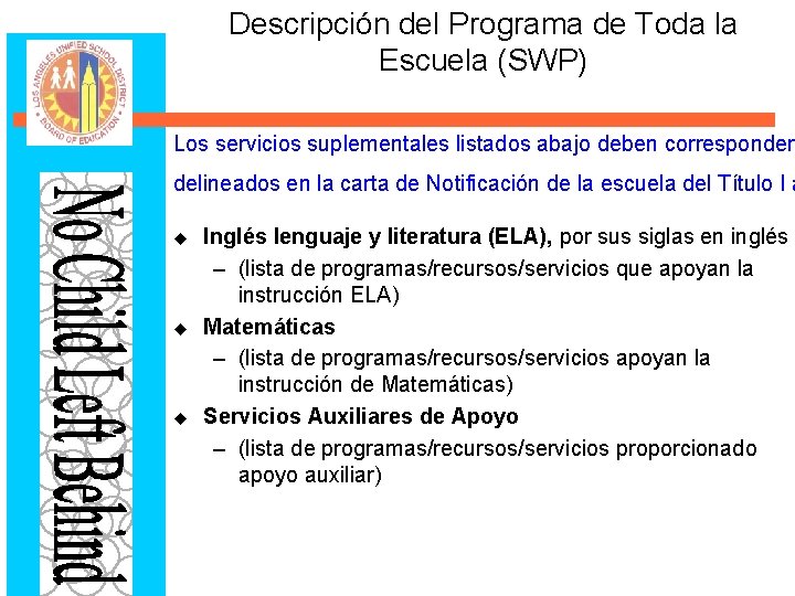 Descripción del Programa de Toda la Escuela (SWP) Los servicios suplementales listados abajo deben