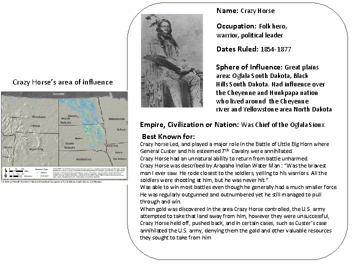 Name: Crazy Horse Occupation: Folk hero, warrior, political leader Dates Ruled: 1854 -1877 Sphere