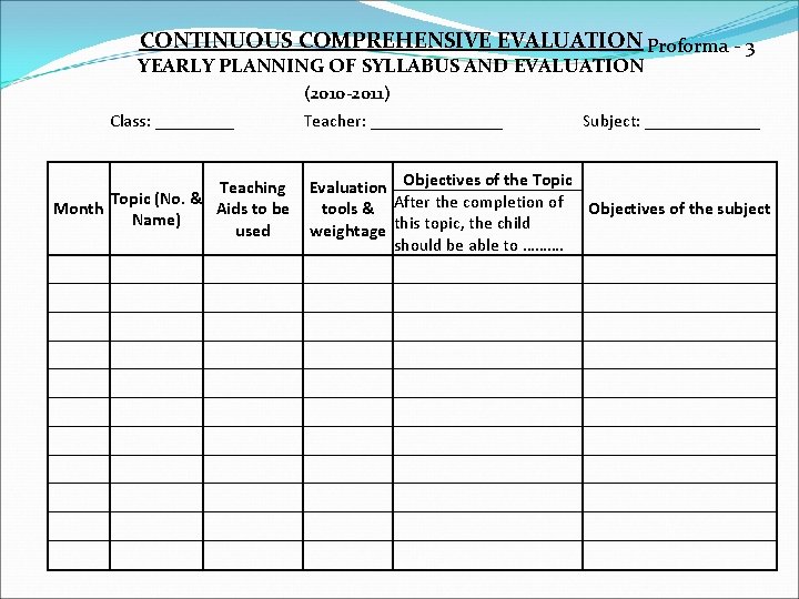 CONTINUOUS COMPREHENSIVE EVALUATION Proforma - 3 YEARLY PLANNING OF SYLLABUS AND EVALUATION (2010 -2011)