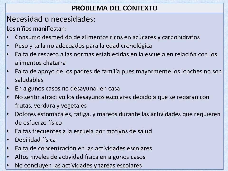 PROBLEMA DEL CONTEXTO Necesidad o necesidades: Los niños manifiestan: • Consumo desmedido de alimentos PROBLEMA DEL CONTEXTO Necesidad o necesidades: Los niños manifiestan: • Consumo desmedido de alimentos