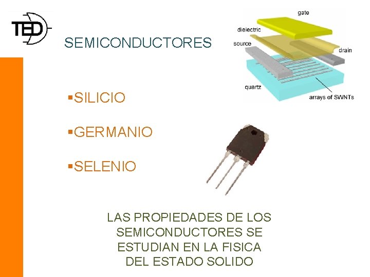 SEMICONDUCTORES §SILICIO §GERMANIO §SELENIO LAS PROPIEDADES DE LOS SEMICONDUCTORES SE ESTUDIAN EN LA FISICA