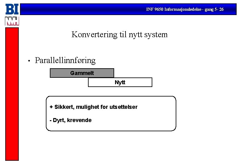 INF 9650 Informasjonsledelse - gang 5 - 26 Konvertering til nytt system • Parallellinnføring