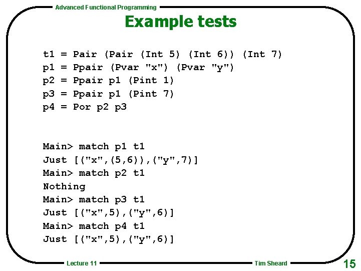 Advanced Functional Programming Example tests t 1 p 2 p 3 p 4 =