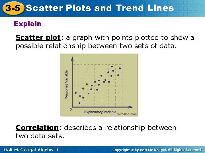 3 -5 Scatter Plots and Trend Lines Explain Scatter plot: a graph with points