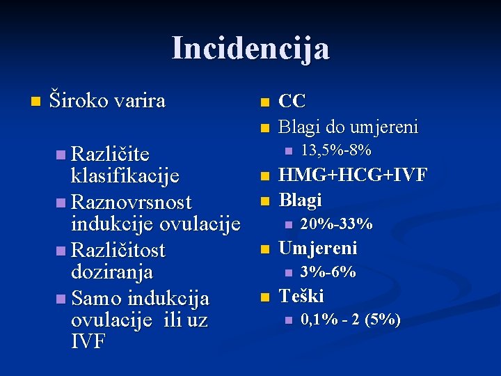 Incidencija n Široko varira n n n Različite klasifikacije n Raznovrsnost indukcije ovulacije n