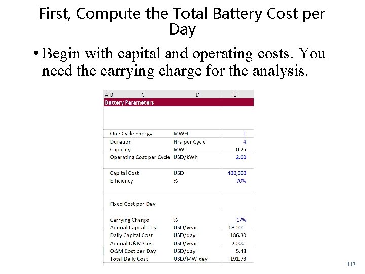 First, Compute the Total Battery Cost per Day • Begin with capital and operating