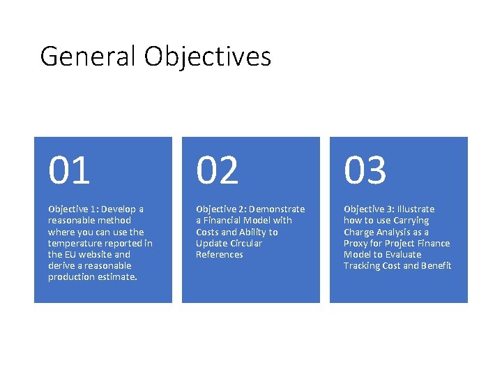 General Objectives 01 02 03 Objective 1: Develop a reasonable method where you can