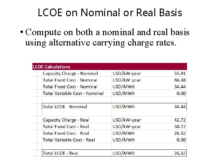 LCOE on Nominal or Real Basis • Compute on both a nominal and real