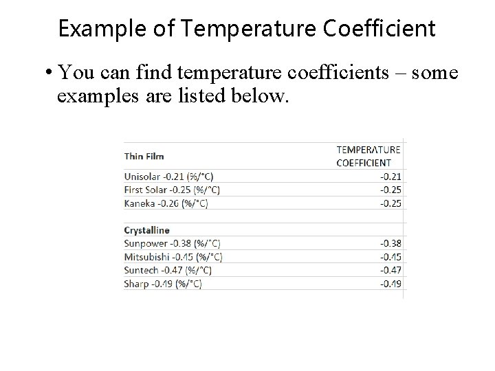 Example of Temperature Coefficient • You can find temperature coefficients – some examples are