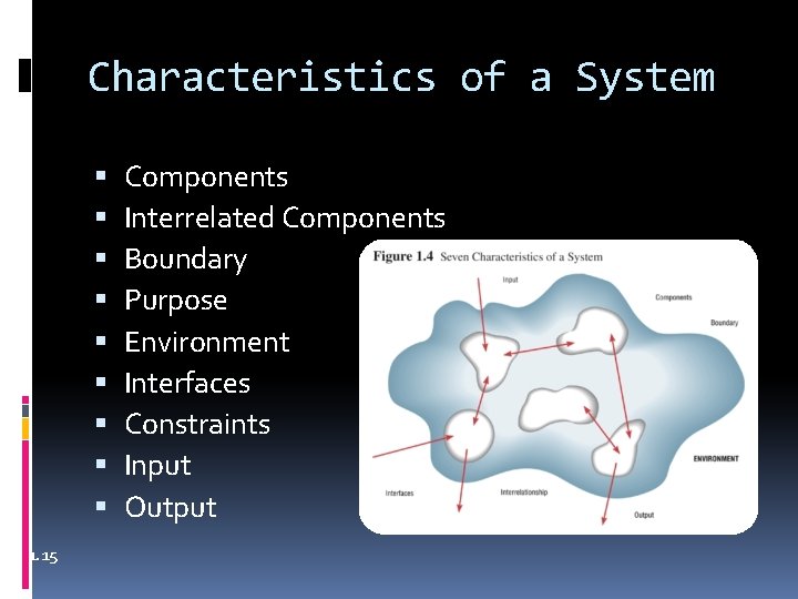 Characteristics of a System 1. 15 Components Interrelated Components Boundary Purpose Environment Interfaces Constraints