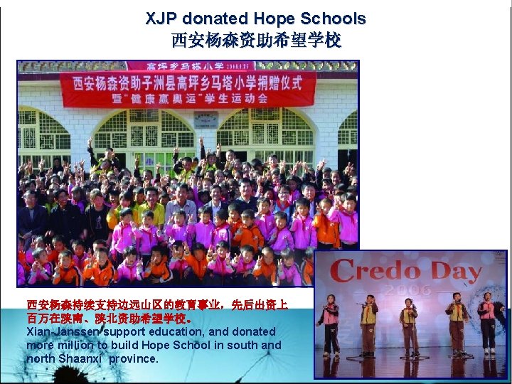 XJP donated Hope Schools 西安杨森资助希望学校 西安杨森持续支持边远山区的教育事业，先后出资上 百万在陕南、陕北资助希望学校。 Xian-Janssen support education, and donated more million