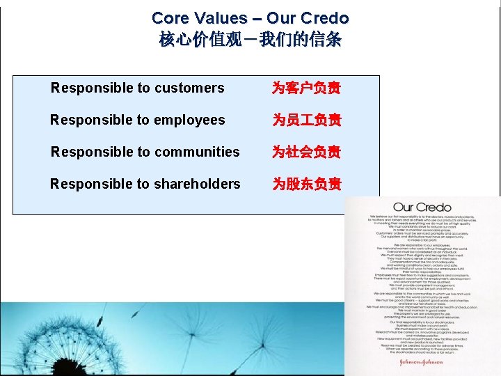 Core Values – Our Credo 核心价值观－我们的信条 Responsible to customers 为客户负责 Responsible to employees 为员