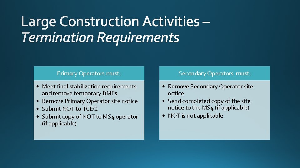 Primary Operators must: • Meet final stabilization requirements and remove temporary BMPs • Remove