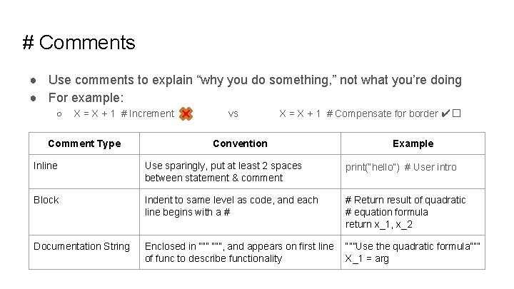 # Comments ● Use comments to explain “why you do something, ” not what # Comments ● Use comments to explain “why you do something, ” not what