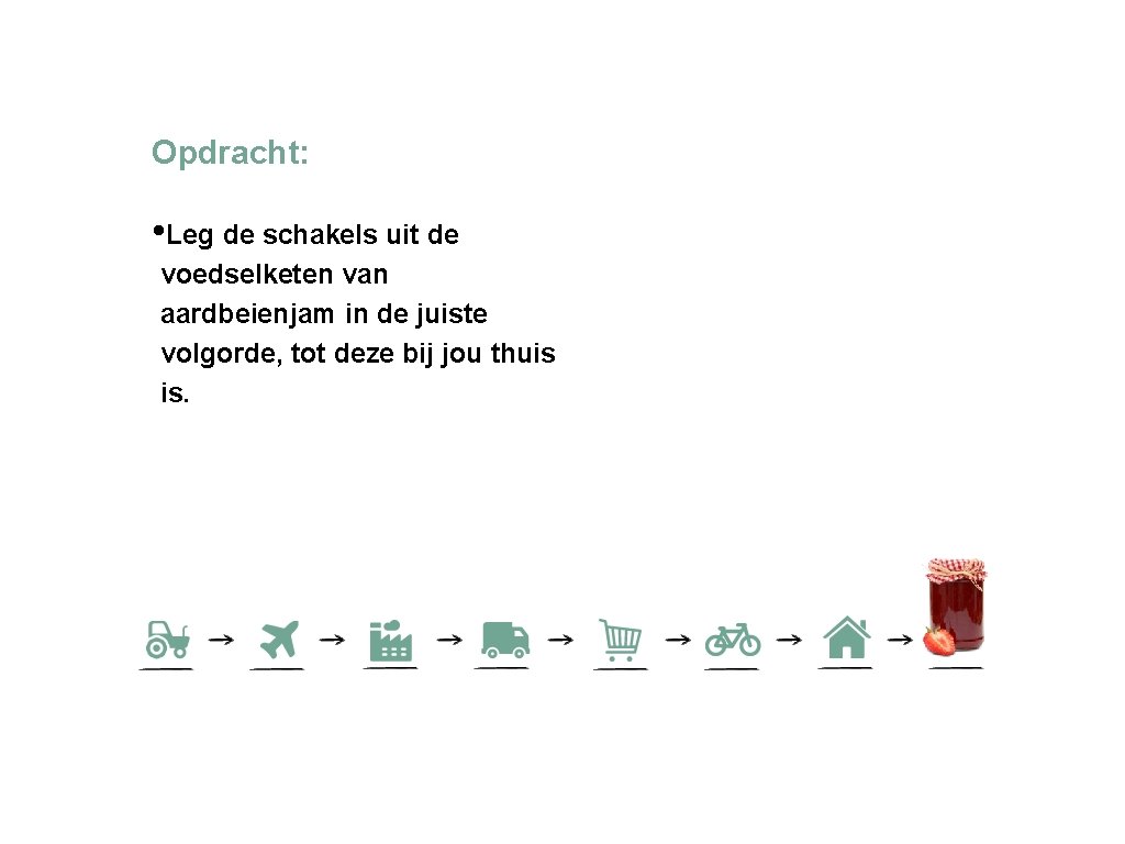 Opdracht: • Leg de schakels uit de voedselketen van aardbeienjam in de juiste volgorde,