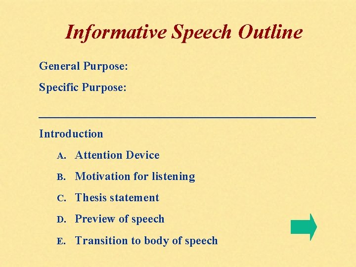 Informative Speech Outline General Purpose: Specific Purpose: ____________________ Introduction A. Attention Device B. Motivation
