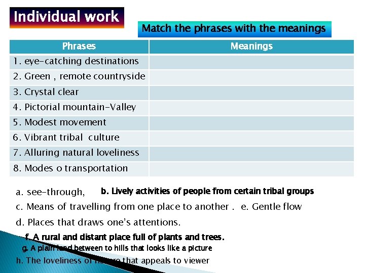 Individual work Match the phrases with the meanings Phrases Meanings 1. eye-catching destinations 2.
