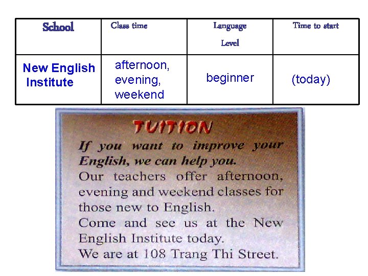 School New English Institute Class time afternoon, evening, weekend Language Level beginner Time to