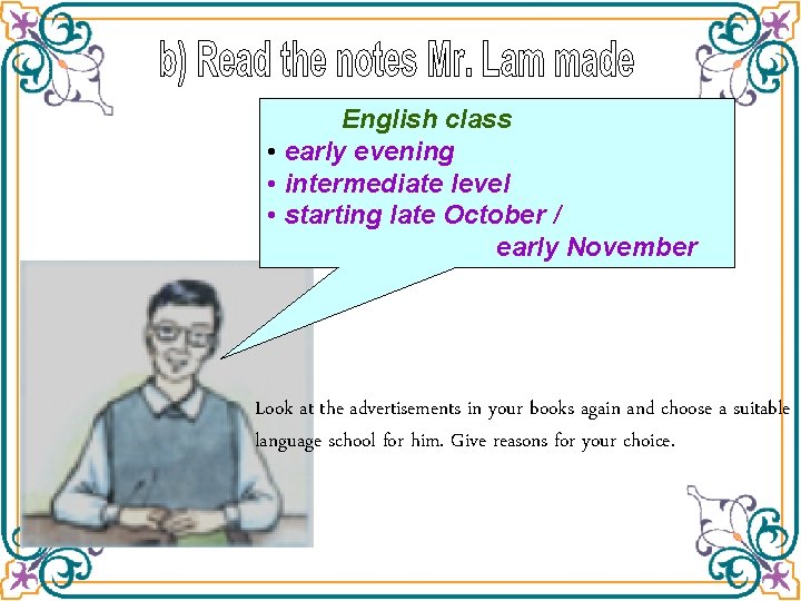 English class • early evening • intermediate level • starting late October / early