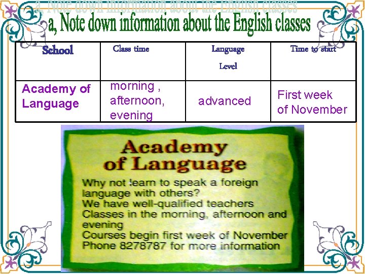 School Academy of Language Class time morning , afternoon, evening Language Level Time to