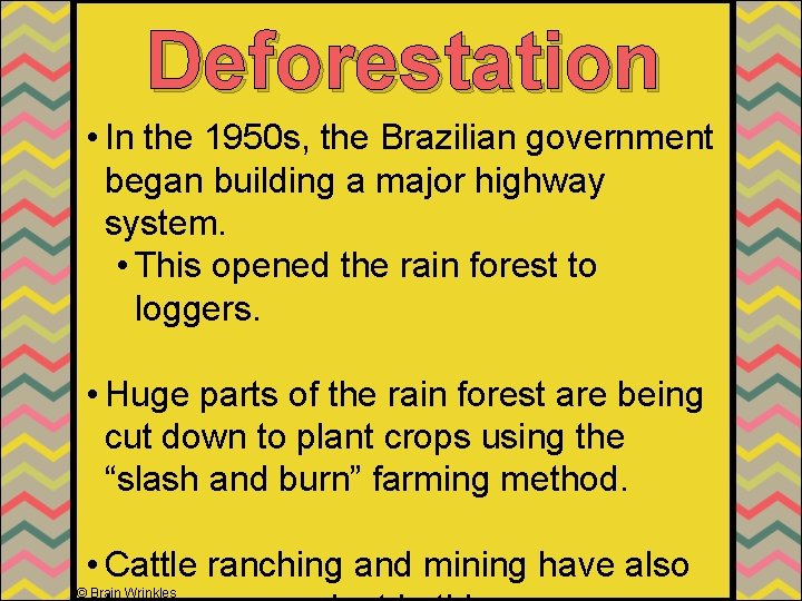 Deforestation • In the 1950 s, the Brazilian government began building a major highway