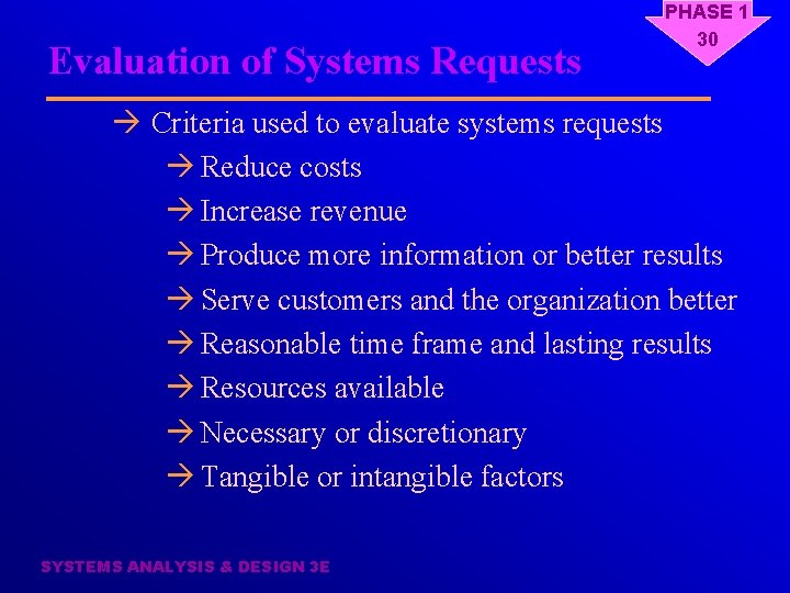 Evaluation of Systems Requests PHASE 1 30 à Criteria used to evaluate systems requests