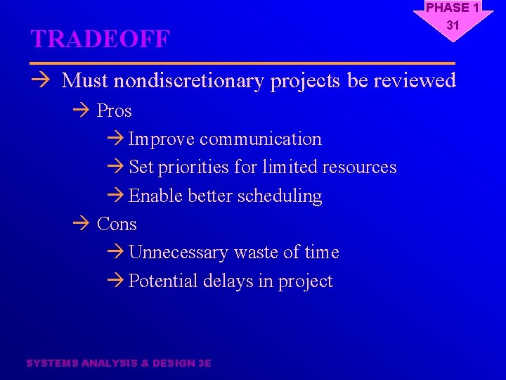 TRADEOFF PHASE 1 31 à Must nondiscretionary projects be reviewed à Pros à Improve