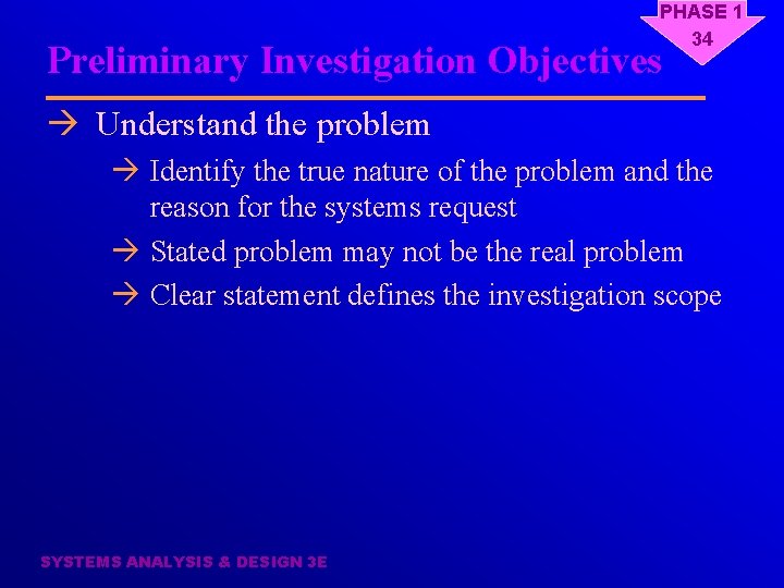 PHASE 1 34 Preliminary Investigation Objectives à Understand the problem à Identify the true