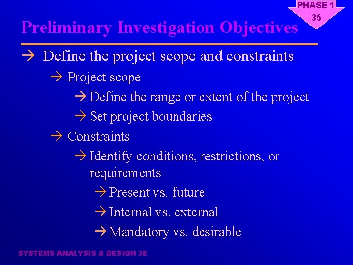 PHASE 1 35 Preliminary Investigation Objectives à Define the project scope and constraints à