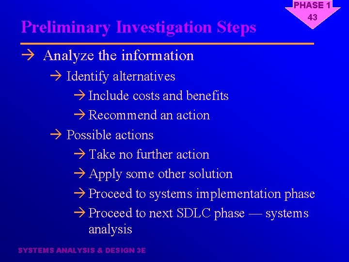 Preliminary Investigation Steps PHASE 1 43 à Analyze the information à Identify alternatives à