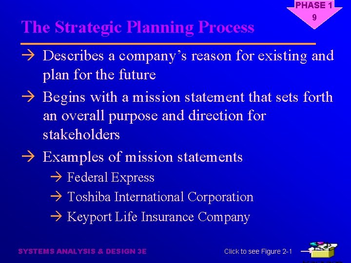 The Strategic Planning Process PHASE 1 9 à Describes a company’s reason for existing