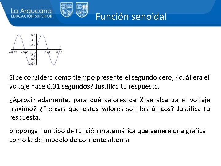 Función senoidal Si se considera como tiempo presente el segundo cero, ¿cuál era el