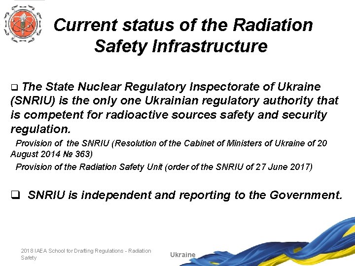 Current status of the Radiation Safety Infrastructure q The State Nuclear Regulatory Inspectorate of